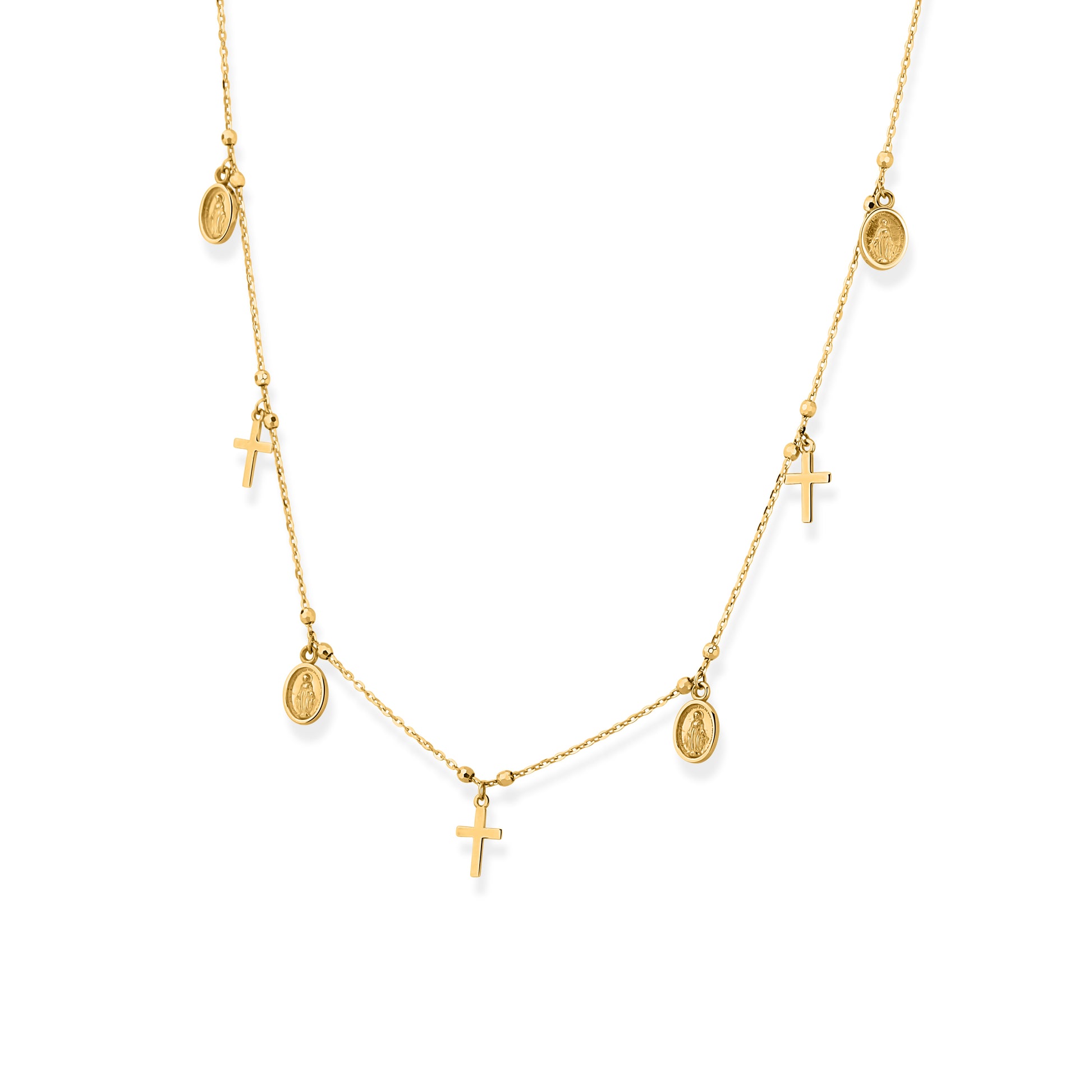 GIOVE MIO Cadena con Medallas de la Virgen Milagrosa y Cruces en Oro Amarillo de 14Kt. Oro 14Kt / Amarillo / MED 5.8X7MM CR 5X9MM
