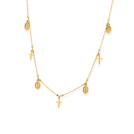 GIOVE MIO Cadena con Medallas de la Virgen Milagrosa y Cruces en Oro Amarillo de 14Kt. Oro 14Kt / Amarillo / MED 5.8X7MM CR 5X9MM