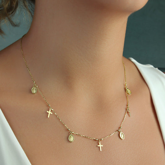 GIOVE MIO Exclusive Virgin Medals and Crosses Pendant Necklace, 14kt Yellow Gold, 45 CM. Reasa Clasp. Stud and Huggies Earrings available. Illuminate your spirit with this celestial jewel!