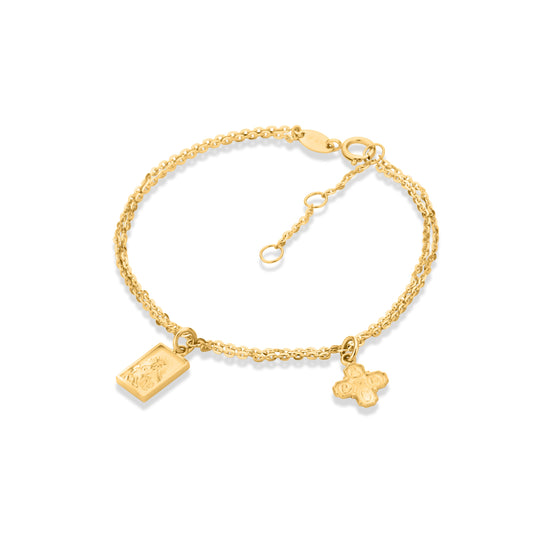 GIOVE MIO Exclusive Gold 14kt Bracelet with Scapular Medal and Four-Way Cross Charms, 17.5 cm, Reasa Clasp. Elevate your style with this unique and meaningful piece!