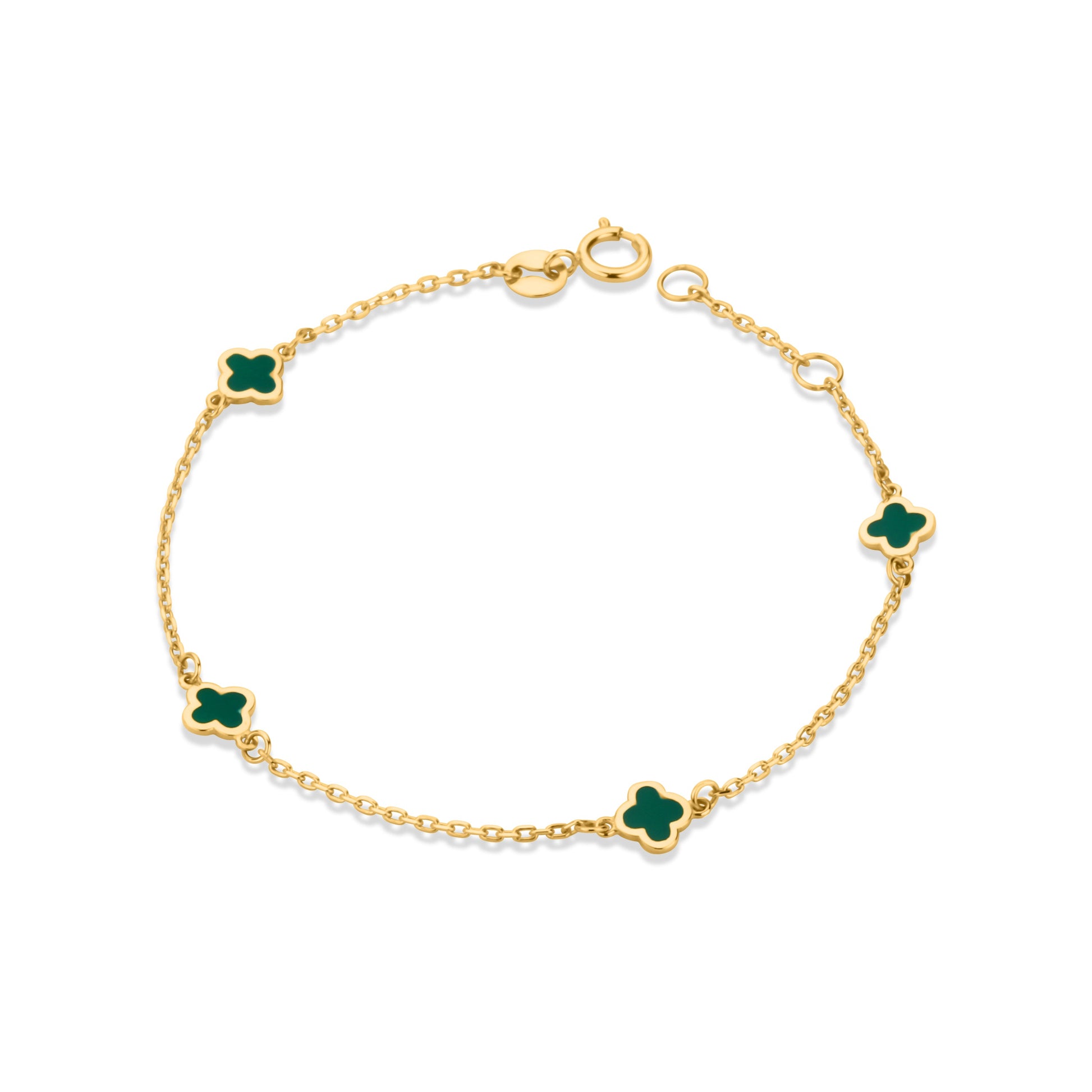 GIOVE MIO Exclusive 14kt Yellow Gold Bracelet with Clasp and 4 Malachites. Stand out stylishly with this unique piece. Elevate your look effortlessly!