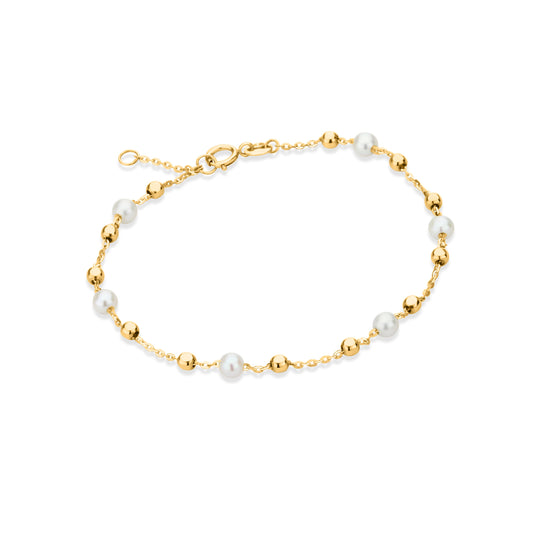 GIOVE MIO Elegant 14kt Gold Beaded Necklace with Reasa Clasp and 6 White Pearl Accents. Stand out with this unique piece that exudes sophistication and style. Elevate your look effortlessly!
