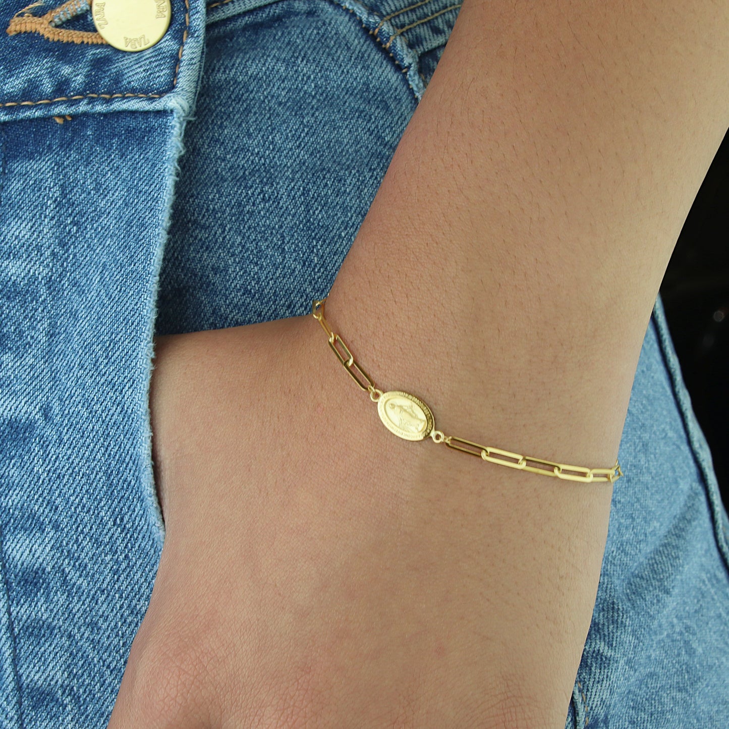 GIOVE MIO Pulsera de Cadena con Medalla de La Virgen Milagrosa en Oro Amarillo de 14Kt. Oro 14Kt / Amarillo / 8X12MM