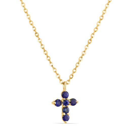 GIOVE MIO Exclusive Yellow Gold 14kt CROSS Pendant with Blue Sapphires 0.20ct, 45cm. Celestial accessory for elegant shine. Illuminate your style with this unique jewel!