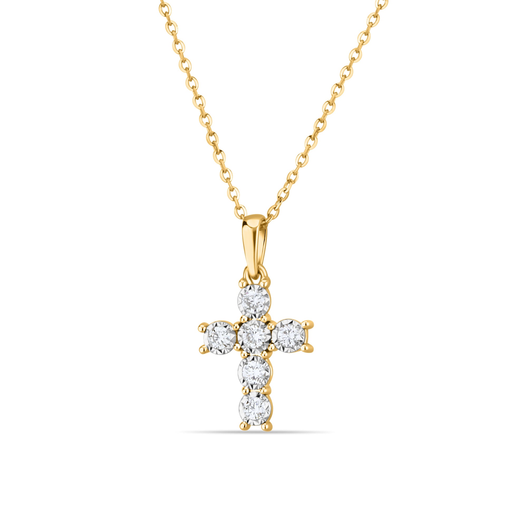 GIOVE MIO Exclusive Cross Pendant Necklace with 6 Diamond in 14kt Yellow Gold - 40/45 CM. Lobster Clasp. Illuminate your path with this divine jewel!