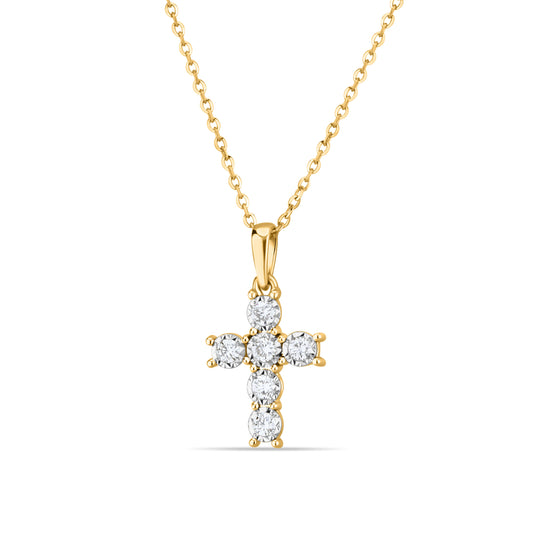 GIOVE MIO Exclusive Cross Pendant Necklace with 6 Diamond in 14kt Yellow Gold - 40/45 CM. Lobster Clasp. Illuminate your path with this divine jewel!