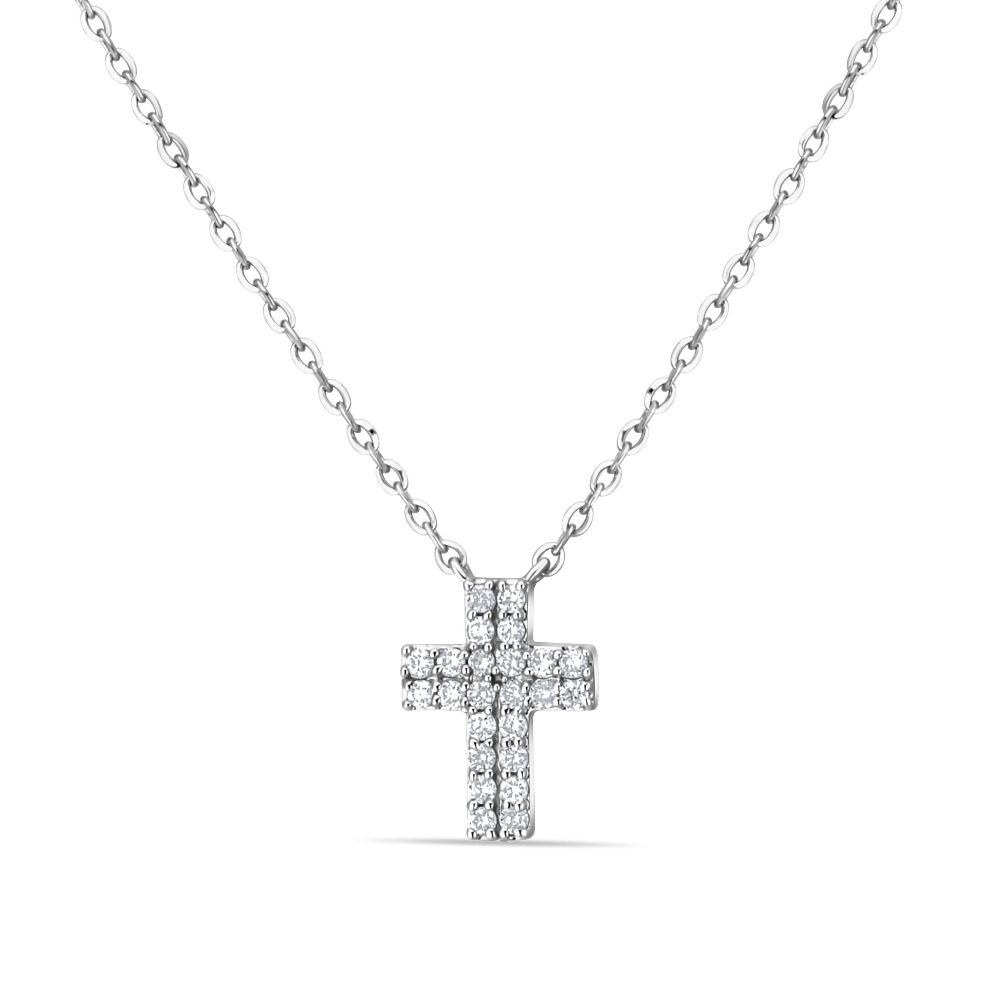 GIOVE MIO Cadena con Dije de Cruz en Oro Blanco de 14Kt con Diamantes Naturales. Oro 14Kt / Blanco / 6X9MM