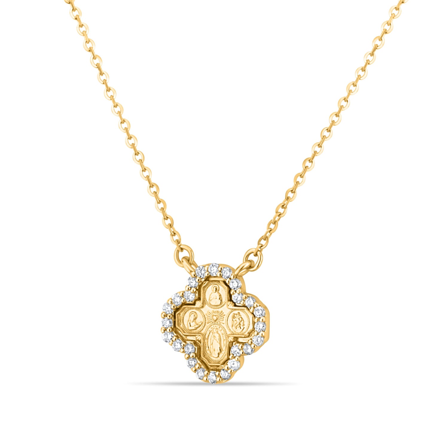GIOVE MIO Cadena con Medalla de La Cruz de Los Cuatro Caminos en Oro Amarillo de 14Kt con Diamantes Naturales. Oro 14Kt / Amarillo / 10X10MM