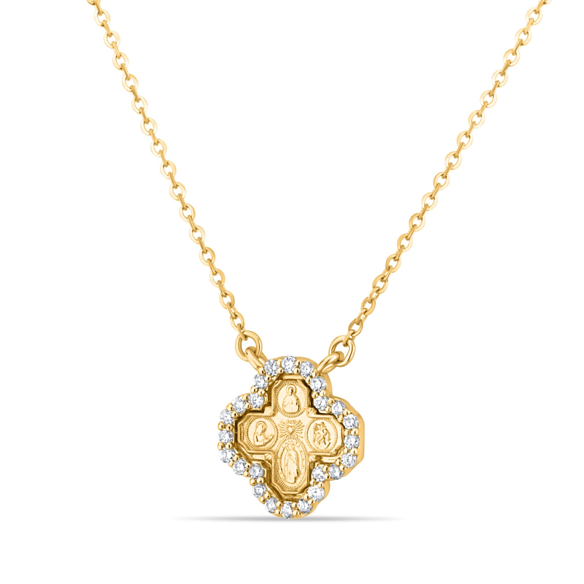 GIOVE MIO Cadena con Medalla de La Cruz de Los Cuatro Caminos en Oro Amarillo de 14Kt con Diamantes Naturales. Oro 14Kt / Amarillo / 10X10MM