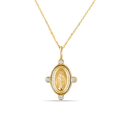 GIOVE MIO Cadena con Medalla de La Virgen Milagrosa en Oro Amarillo de 14Kt con Diamantes Naturales. Oro 14Kt / Amarillo / 13X17MM