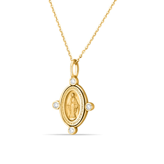 GIOVE MIO Miraculous Virgin Pendant Necklace in 14kt Yellow Gold with Diamond, Adjustable Length - Shine with Faith and Elegance! Discover divine sophistication.