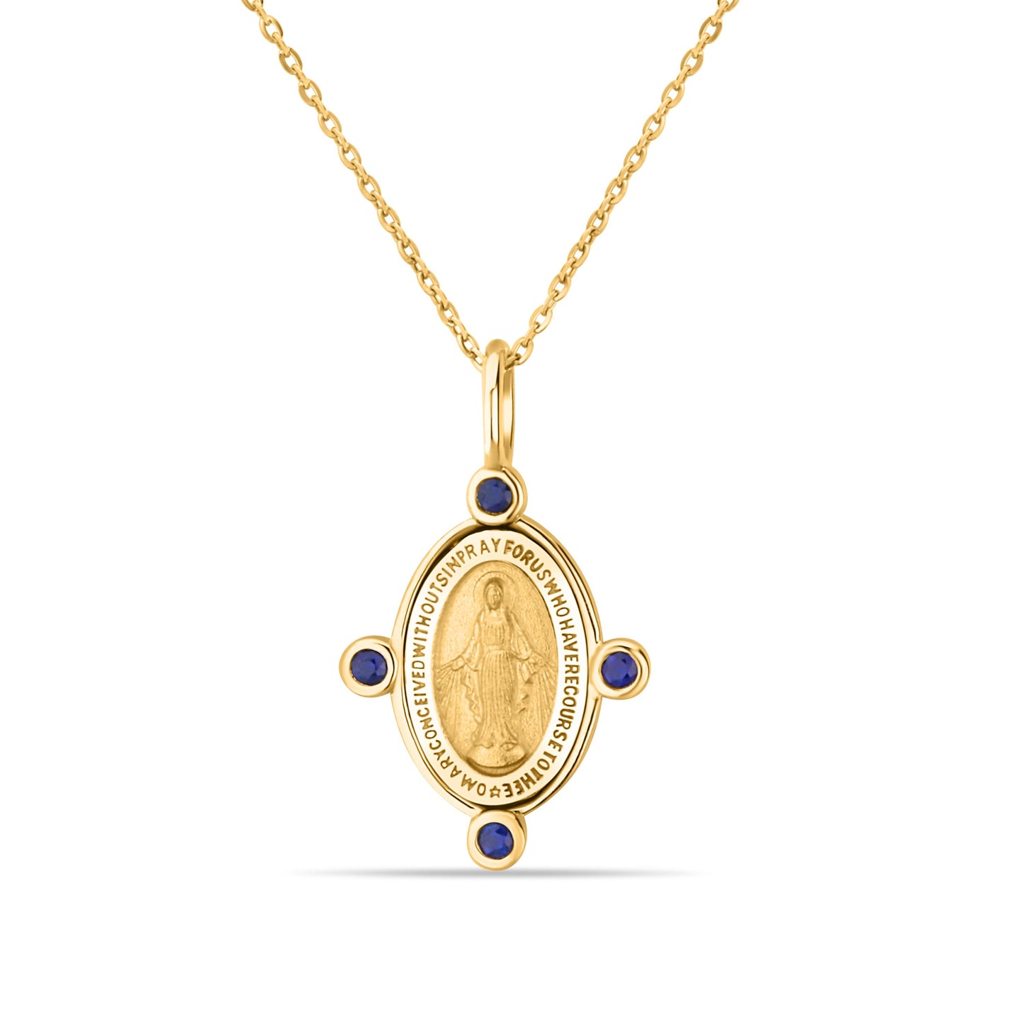 GIOVE MIO Cadena con Medalla de La Virgen Milagrosa en Oro Amarillo de 14Kt con Zafiros Azules. Oro 14Kt / Amarillo / 13X17MM