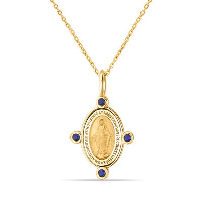 GIOVE MIO Cadena con Medalla de La Virgen Milagrosa en Oro Amarillo de 14Kt con Zafiros Azules. Oro 14Kt / Amarillo / 13X17MM