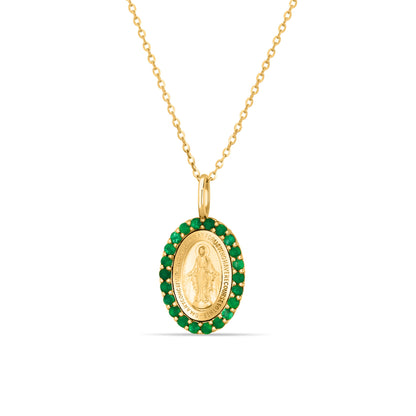 GIOVE MIO Cadena con Medalla de La Virgen Milagrosa en Oro Amarillo de 14Kt con Esmeraldas. Oro 14Kt / Amarillo / 11X15MM