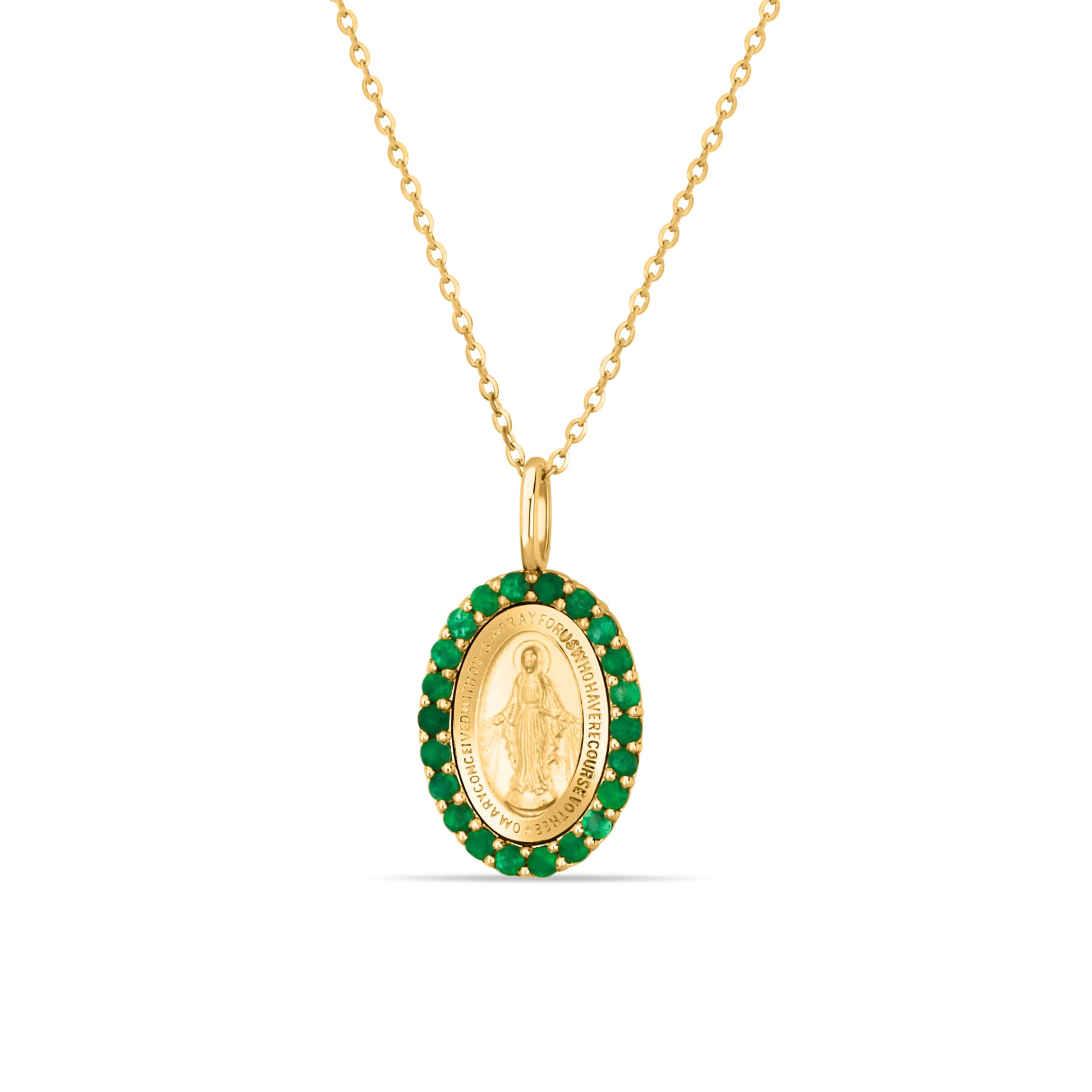 GIOVE MIO Miraculous Virgin Diamond Pendant Necklace with 14kt Emeralds, 0.37ct, 40-45cm. Faith Bracelet in Yellow Gold. Illuminate your style with this celestial jewel!