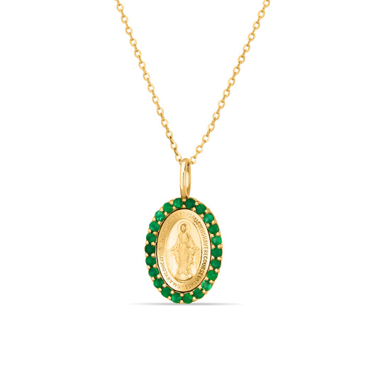 GIOVE MIO Miraculous Virgin Diamond Pendant Necklace with 14kt Emeralds, 0.37ct, 40-45cm. Faith Bracelet in Yellow Gold. Illuminate your style with this celestial jewel!