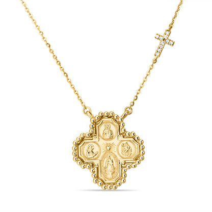 GIOVE MIO Cadena con Medalla de La Cruz de Los Cuatro Caminos y Cruz en Oro Amarillo de 14Kt con Diamantes Naturales y Diamante Natural. Oro 14Kt / Amarillo / 16x16MM