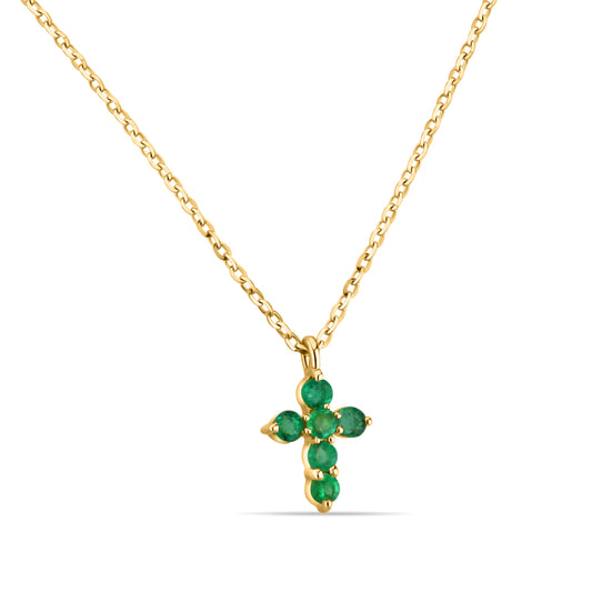 GIOVE MIO Exclusive 14kt Yellow Gold Cross Pendant with 6 Emeralds 0.20ct - 45 CM Chain. Radiate elegance with this celestial piece. Illuminate your style effortlessly!