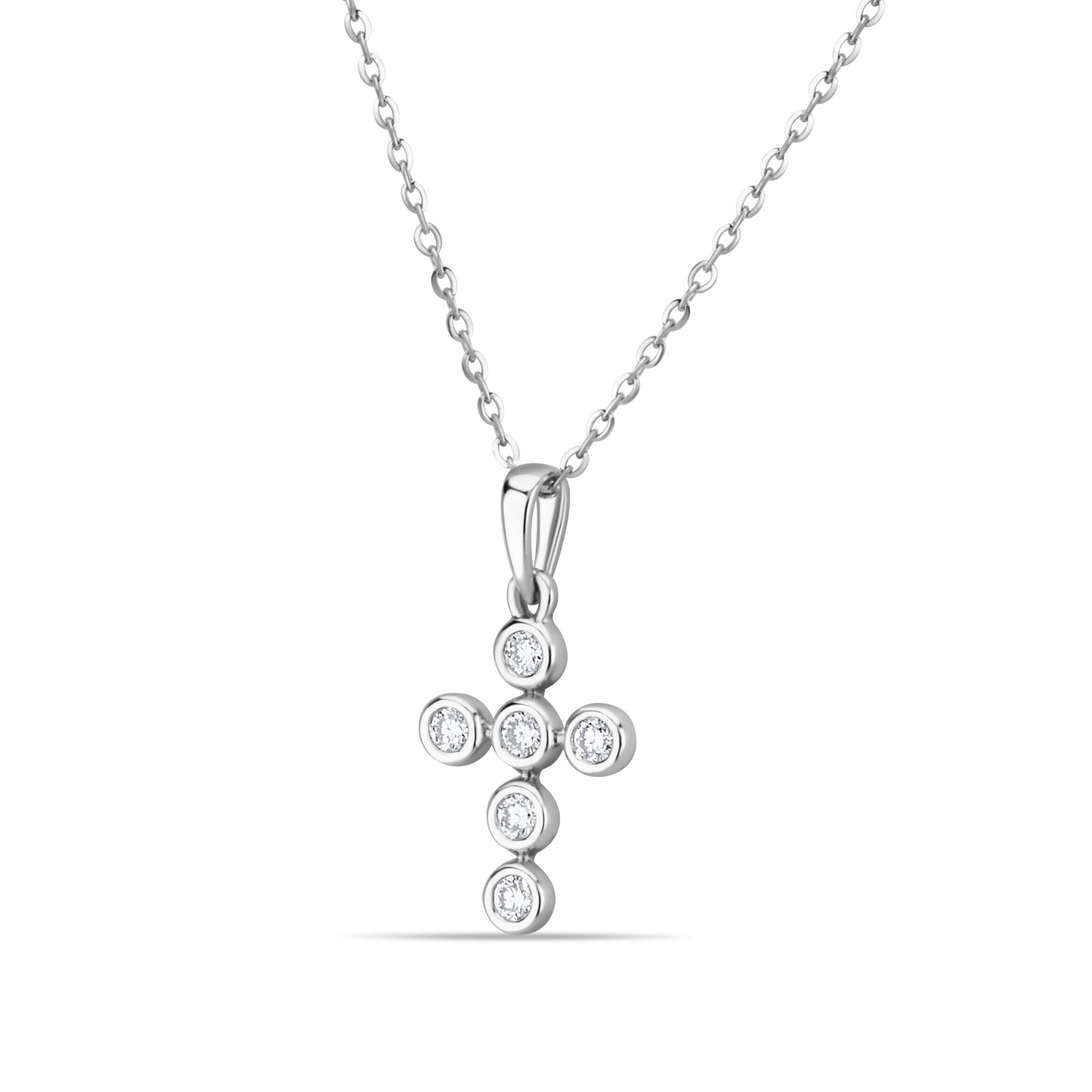 GIOVE MIO Cadena con Dije de Cruz en Oro Blanco de 14Kt con Diamantes Naturales. Oro 14Kt / Blanco / 9X12MM