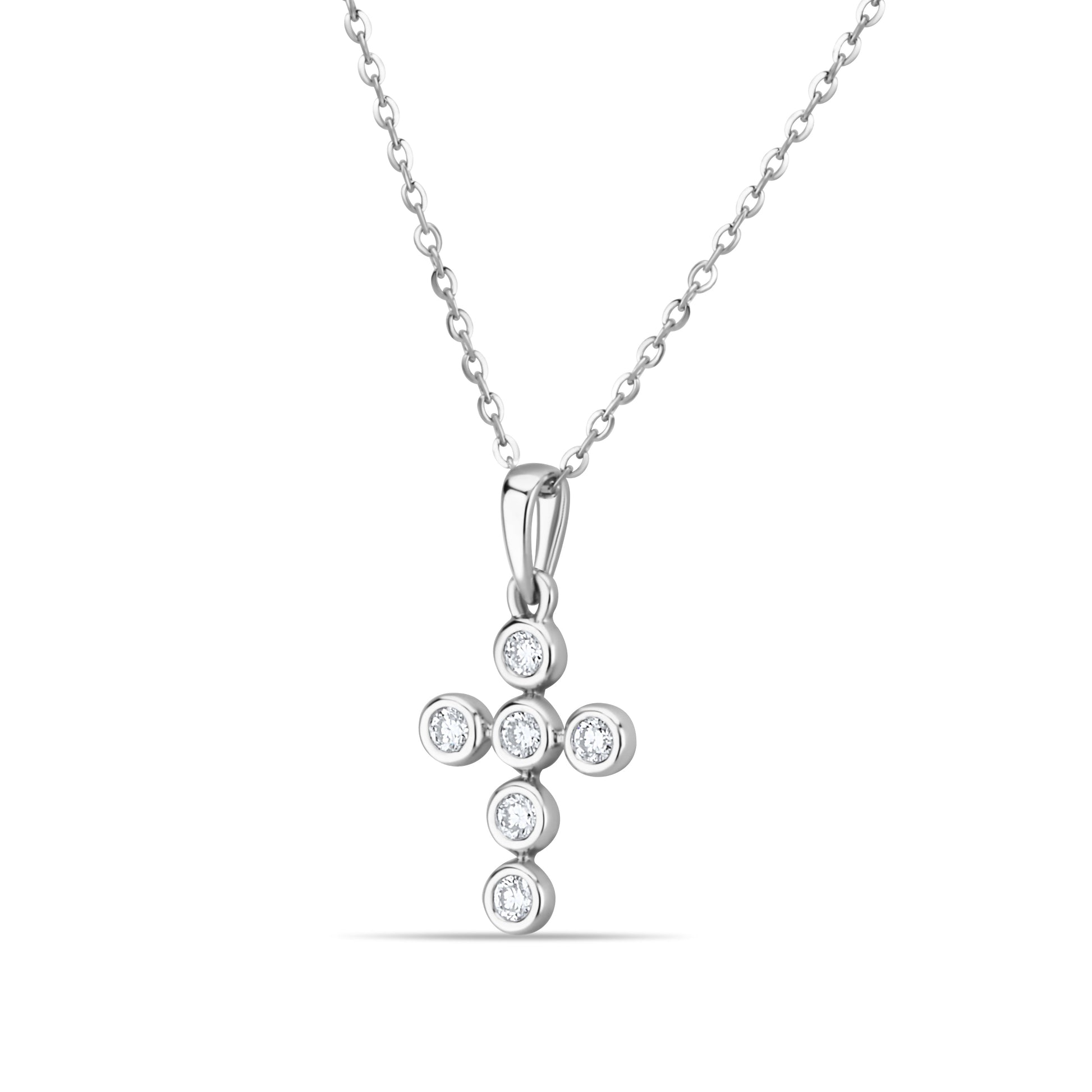 GIOVE MIO Cadena con Dije de Cruz en Oro Blanco de 14Kt con Diamantes Naturales. Oro 14Kt / Blanco / 9X12MM