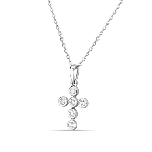 GIOVE MIO Cadena con Dije de Cruz en Oro Blanco de 14Kt con Diamantes Naturales. Oro 14Kt / Blanco / 9X12MM