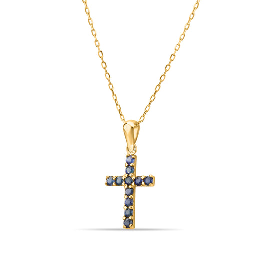 GIOVE MIO Exclusive 14kt Yellow Gold Cross Pendant with 11 Blue Sapphires. Perfect for a touch of elegance and style. Stand out with this unique treasure!