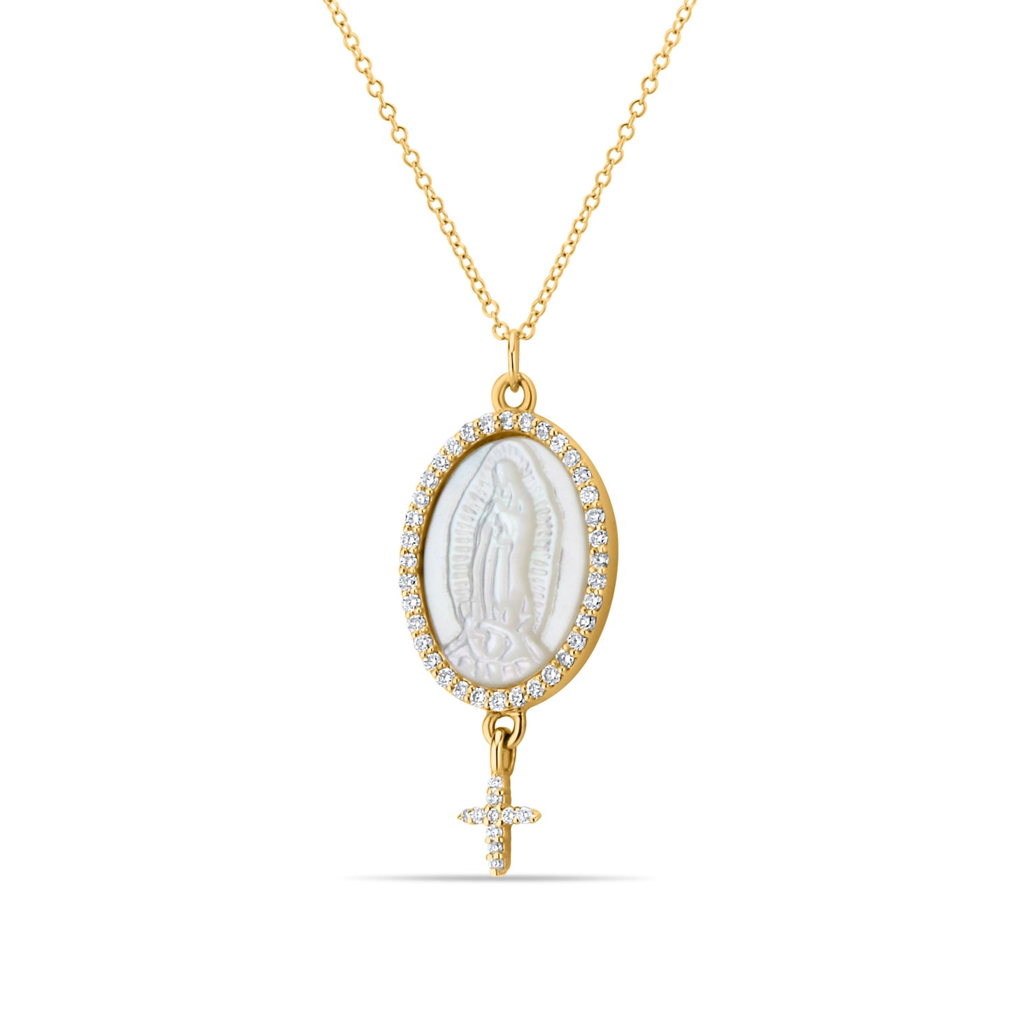 GIOVE MIO Cadena con Medalla de La Virgen Milagrosa y Cruz en Oro Amarillo de 14Kt con Madre Perla y Diamantes Naturales. Oro 14Kt / Amarillo / MED 17X12.5MM