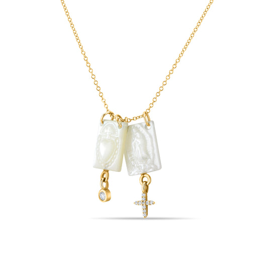 GIOVE MIO Collar de Escapulario con Medalla de La Virgen de Guadalupe y Medalla Del Sagrado Corazón de Jesús en Oro Amarillo de 14Kt con Madres Perla y Diamantes Naturales. Oro 14Kt / Amarillo / MED 11X8MM